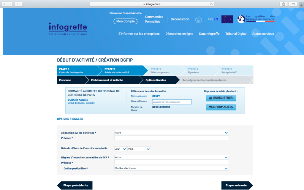 Étape 2 : Saisie de la formalité => Options fiscales